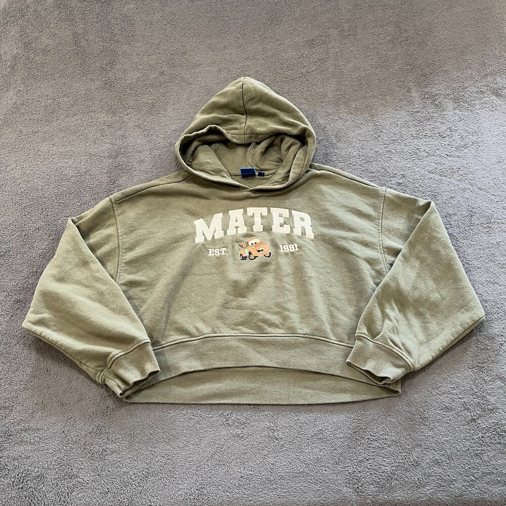 Pixar Cars Mater Olive Green Cropped Hoodie Pullover Sweatshirt Women's Size M